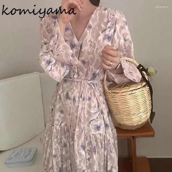 Casual Kleider Frühling Blumendruck Kleid Koreanische Spitze Up Tunika Frauen Langarm Vestidos Mujer V-ausschnitt Vestido Einreiher Ropa