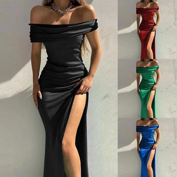 Casual Kleider Mode Einfarbig Slash Neck Schwarz Hohe Schlitz Sexy Formale Champagner Schlanke Elegante Kleid Wrap Für Hochzeit Gast