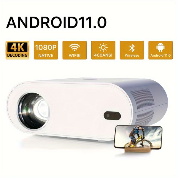 4K 1080p Android 11, çift wifi ve ev sineması için Keystone düzeltmesi ile otomatik odak projektörü