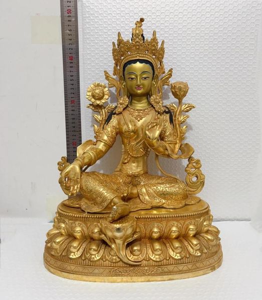 Statuette decorative 48 cm 19 pollici ENORME TOP Figura di Buddha CASA Protezione efficace Bodhisattva tibetano Tara verde Statua in ottone placcato oro