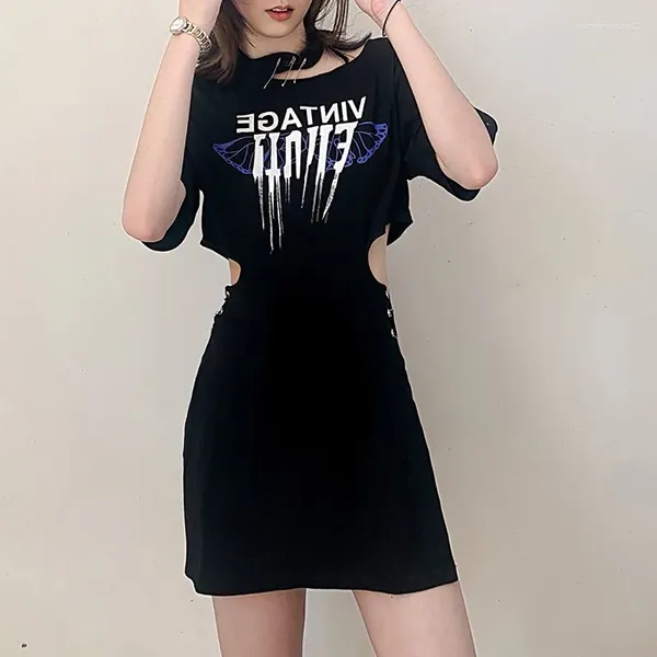 Parti Elbiseleri 2024 Kısa Kollu Bölünmüş Mektup Baskı Seksi İçi Boş Mini Elbise Yaz Kadın Moda Sıradan Sokak Giyim Sevimli Düz Renk