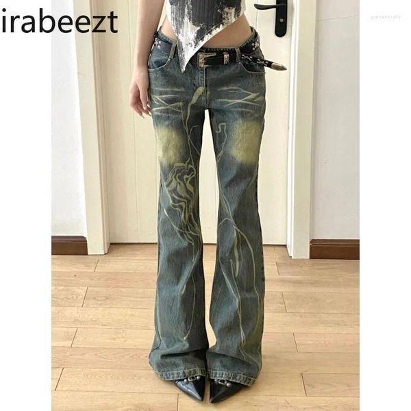 Jeans da donna a vita bassa lavato con stampa rosa a contrasto tubo dritto sensazione di caduta pantaloni vintage slim fit per pulire il pavimento abbigliamento da donna