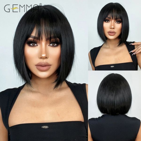 Perucas gemma bob perucas sintéticas de cabelos pretos curtos com franja para fibras de fibra de cosplay natural de mulheres americanas
