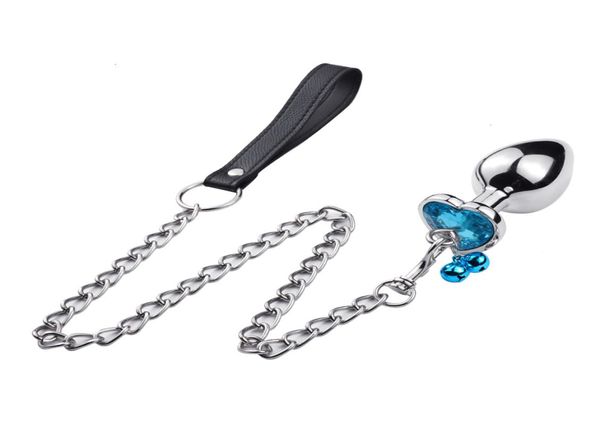 Leash Chain Anal Plug com Sino Adulto Jogos BDSM Aço Inoxidável Cristal Coração Anal Sex Butt Plug Estimulador Sex Toys Para Wome Y194824180