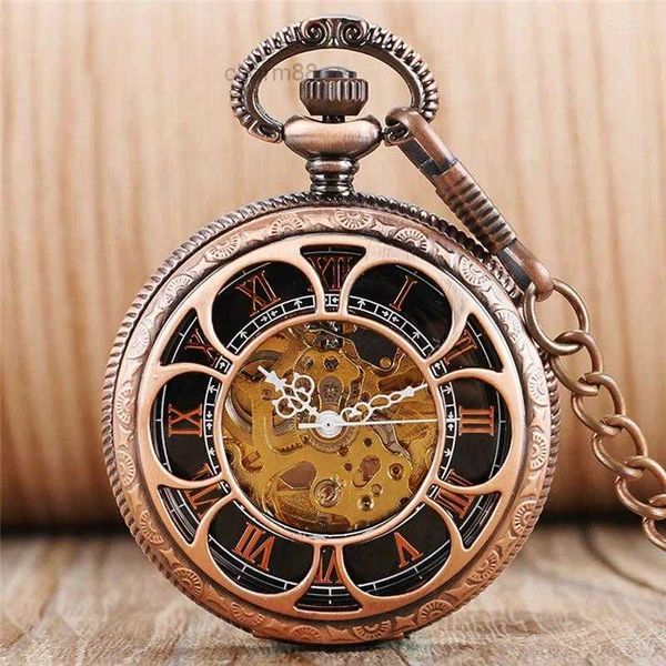 Relógios de bolso Red Copper Hollow Out Pumpkin Mens Womens Auto Mecânico Número Romano Dial Pingente Cadeia Esqueleto Relógio Presente