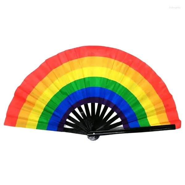 Figurine decorative Grande ventaglio pieghevole Bling Rave Stampa arcobaleno Tessuto Oxford in bambù Palmare per regalo