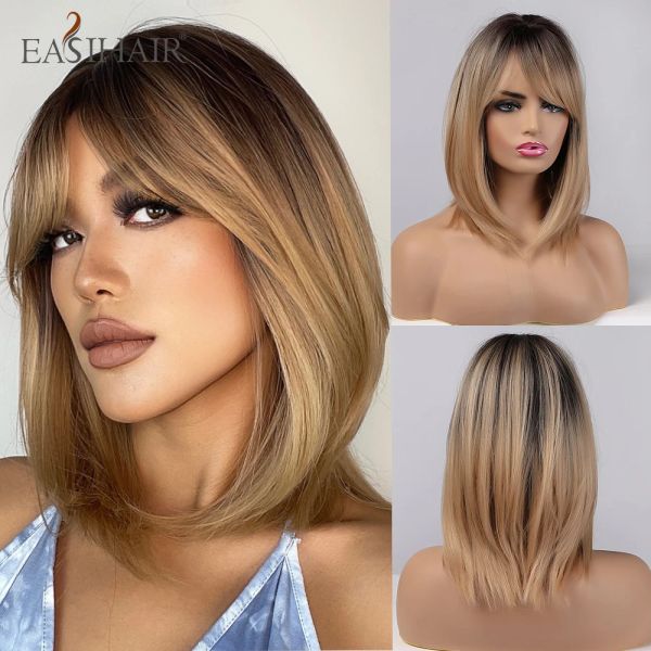 Wigs easihair темно -коричневый корень омбр золотые синтетические парики натуральные волосы для женщин -многослойного парика с указанными касками для теплостойкого парика