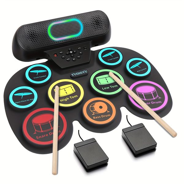 Conjunto de tambor eletrônico portátil de rolo dobrável - carregamento USB, bloco de bateria de silício, instrumento de percussão elétrica digital para iniciantes para adultos