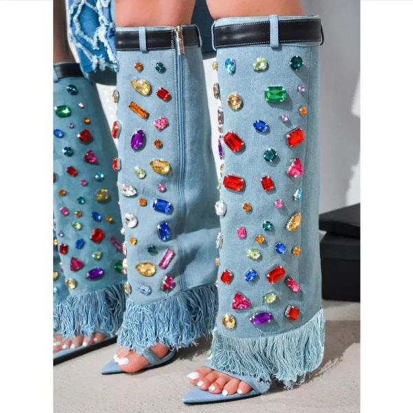 Stivali pista di moda blu in denim tacchi sottili in cristallo ginocchiere stivali alti paletti peep toe women scarpe color rhinestones stivali sandalo botas