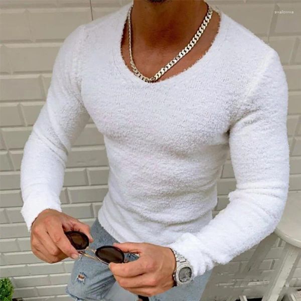 Camiseta masculina primavera e outono pulôver camisa de fundo macio casual com decote em v apertado cor sólida de manga comprida camiseta roupas para homem