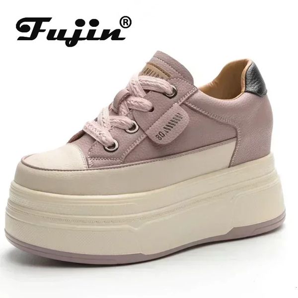 Fujin 9cm camurça de vaca couro genuíno feminino sapatos vulcanizados plataforma cunha skate saltos casuais estáveis 240401