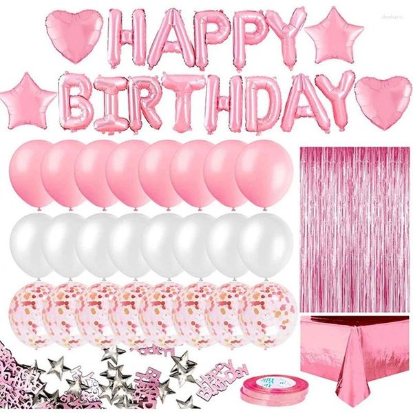 Party -Dekoration JFBL Pink Geburtstag für Mädchen glückliche Banner Balonen Randvorhang Folie Tischdecke Herzstar