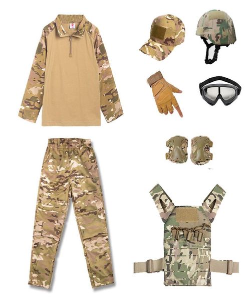 Camouflage Kid Bambino Uniforme CS BDU Set Sport all'aria aperta Airsoft Gear Jungle Caccia Woodland Casco tattico Gilet Cap Set Combattimento Ch5693594