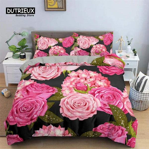 Set di biancheria da letto Copripiumino con fiori romantici Set floreale rosa Piumino in microfibra King per ragazza Donna Matrimonio Decorazioni per San Valentino