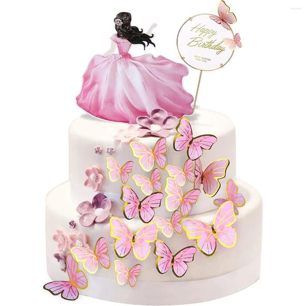 Forniture per feste 57 pezzi Decorazioni per toppers per torta di buon compleanno con farfalla con topper in metallo dorato per matrimonio