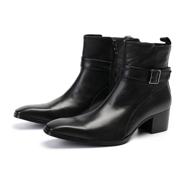 Botas de alta qualidade de couro genuíno masculino preto botas de tornozelo grossa de saltos altos de taco de dedo de toe de vestido de vestido bota masculina