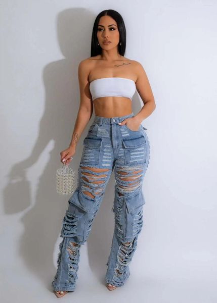 Damenjeans VBQBSQL 2024 Ins Mode Sexy Ripped Wash Tooling Bag Hip Hop Style Lady Denim Lange Hosen