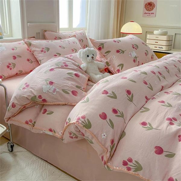 Bettwäsche-Sets, schöner Kissenbezug für Erwachsene und Kinder, gewaschene Baumwolle, Pflanzenblumen-Bettlaken, Bettbezug, Heimtextilien, vierteiliges Set