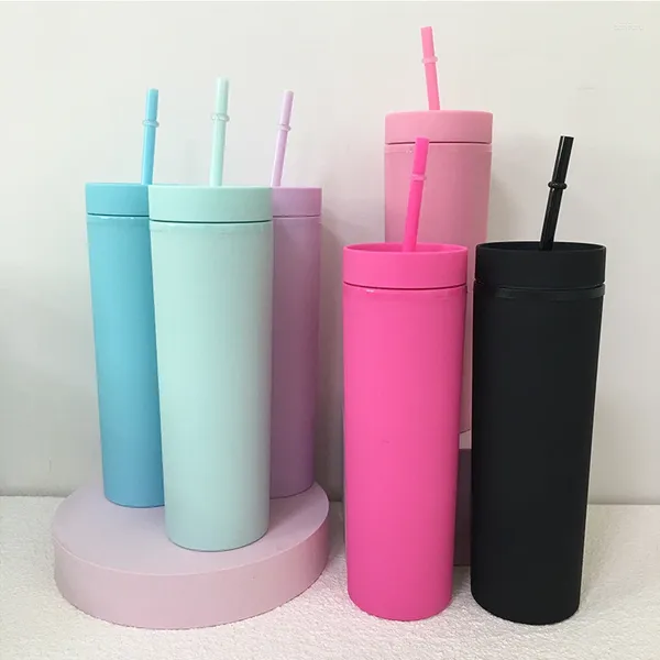 Tumblers 8 pçs / lote 16oz plástico magro tumbler fosco impressão garrafa de água macron cores com tampa palha colorida para presente de festa