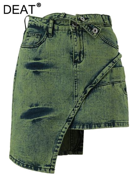DEAT Модная женская юбка с высокой талией и асимметричными поясами, уличная джинсовая юбка выше колена, лето 2024 17A1759 240315