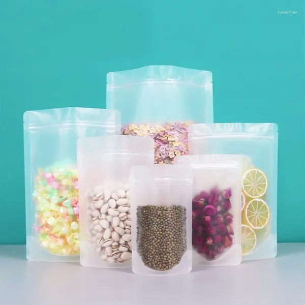 Borse contenitore 50 pz Smerigliato Trasparente Snack Alimenti Secchi Frutta Tè Cereali Mais Fagioli Sacchetti di Imballaggio di Plastica Stand Up Bag