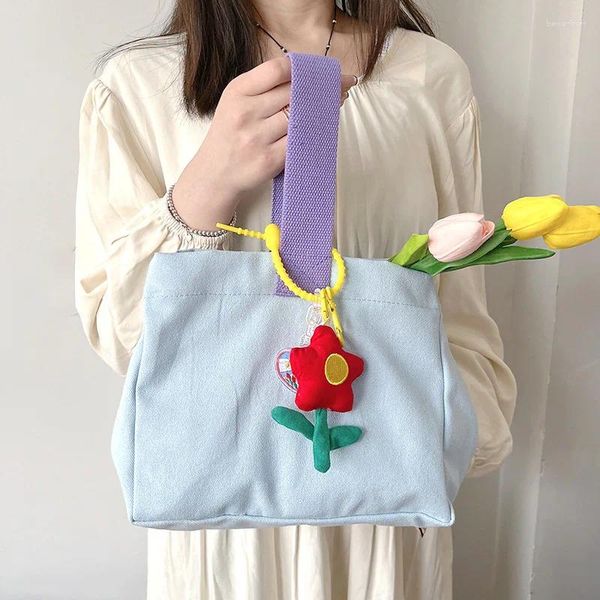 Aufbewahrungstaschen Candy Color Canvas Lunch Bag Kleine Frauen Tragbare Japan-Stil Kinder Niedliche Lebensmitteltasche Picknick Tote Handtasche Blau