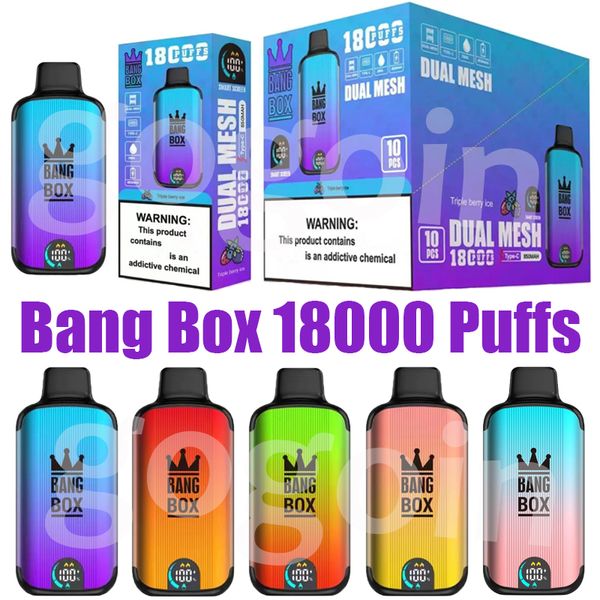 Puff 18k Bang Box 18000 Puffs Smart Screen Vape Одноразовые электронные сигареты 0% 2% 3% 5% 26 мл Предварительно заполненная капсула с двойной сеткой 850 мАч Перезаряжаемая батарея Ручка Vapers Dervice