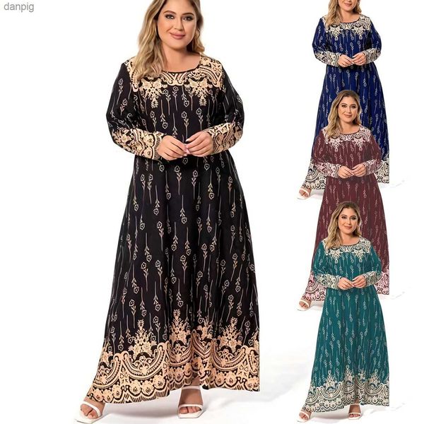 Vestidos sexy urbanos plus size feminino primavera/verão gola redonda poliéster sem elástico estampa étnica vestido elegante e simples de manga comprida.Y240402