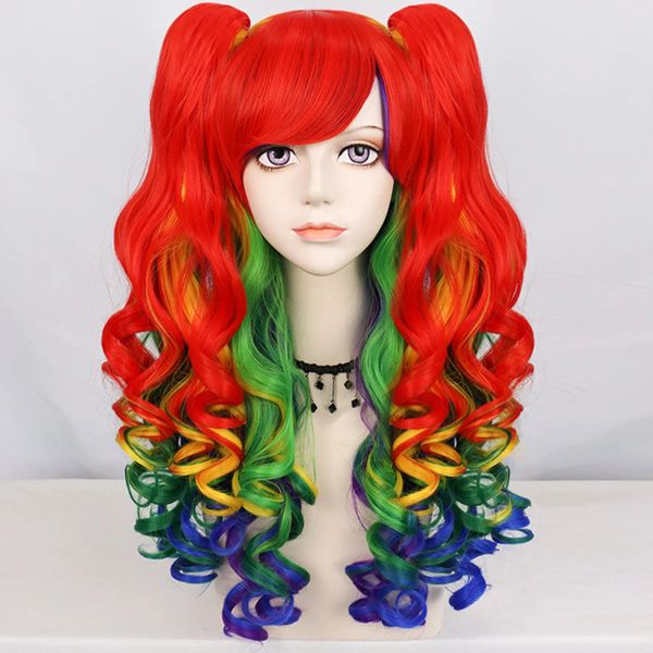 Wigs cosplay coda di cavallo parrucca sintetica a lungo color riccio ragazze lolita cosplay parrucca con doppia coda di cavallo per la scuola di Natale di Halloween