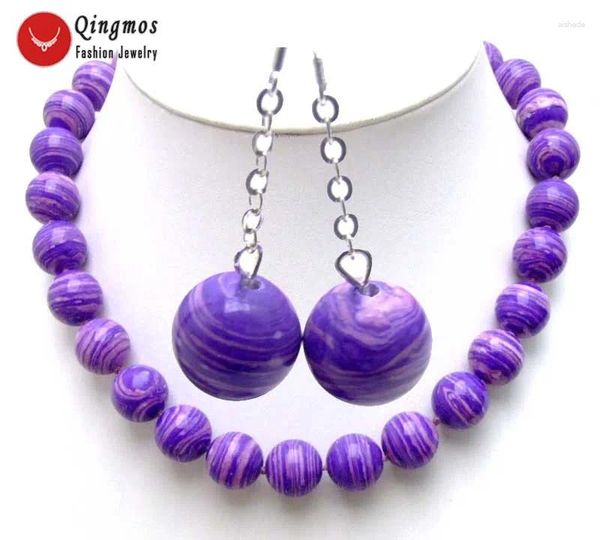 Colar brincos conjunto qingmos 14mm redondo luz roxo listra ágatas 18 