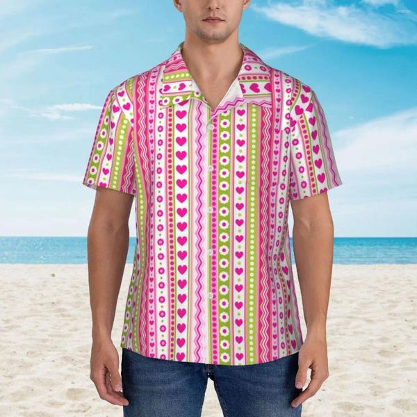 Camisas casuais masculinas camisa havaiana praia pontos rosa e listras blusas flores corações impressão vintage homem manga curta confortável topos