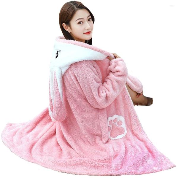 Casa roupas bonito rosa cosplay pijamas flanela camisola dos desenhos animados pijamas macios camisola de pelúcia com capuz roupões homewear