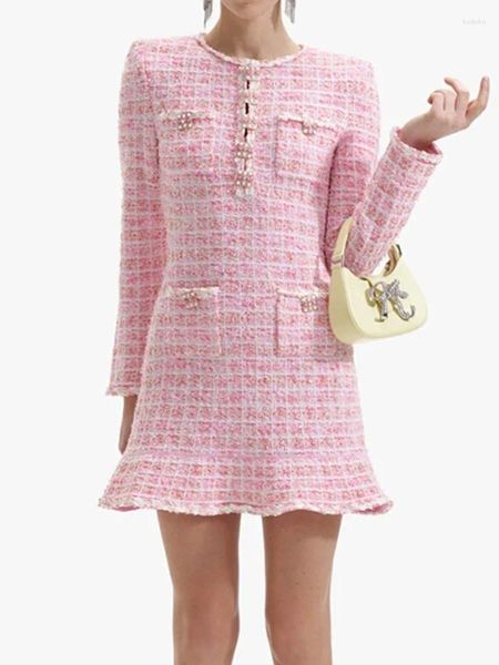 Casual Kleider 2024 Frühling Frauen Rosa Rüschen Tweed Mini Kleid Plaid Süße Langarm Damen Rundhals Gestrickte Robe