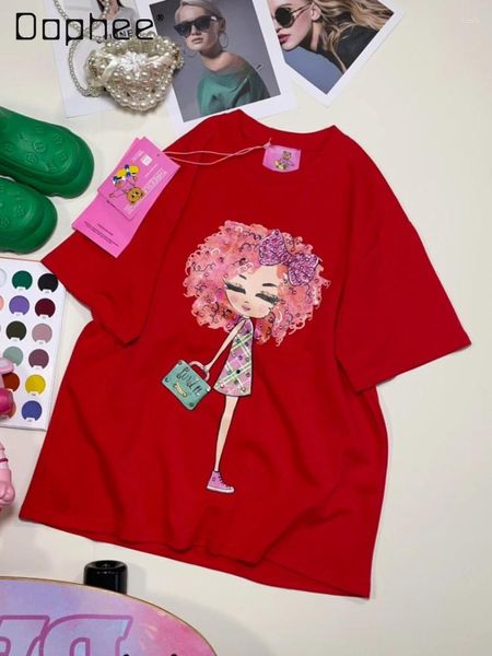 Camisetas femininas moda desenhos animados impressos de manga curta t-shirt mulheres 2024 primavera verão coreano solto all-match strass em torno do pescoço top