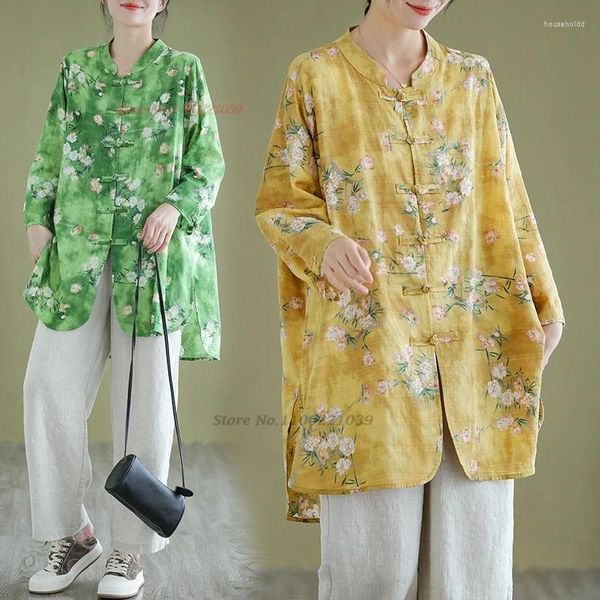 Этническая одежда 2024, традиционная китайская винтажная блузка с национальным цветочным принтом, хлопок и лен, восточный ретро-сервис, свободная народная одежда