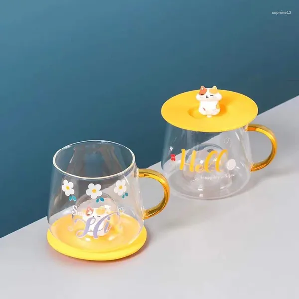 Copos de vinho copo de vidro resistente ao calor com alça tampa de silicone leite café da manhã bonito cão criativo beber