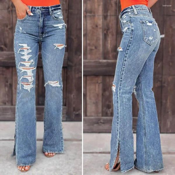 Jeans femininos mulheres zíper botão split perna abertura calças rasgadas buraco borla mid-cintura flare denim calças