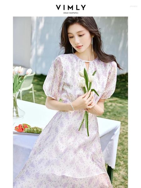 Partykleider VIMLY Fairycore Lila Blumen für Frauen 2024 Französisch Elegante Kurzarm Damen Süße bedruckte Chiffon Sommerkleid