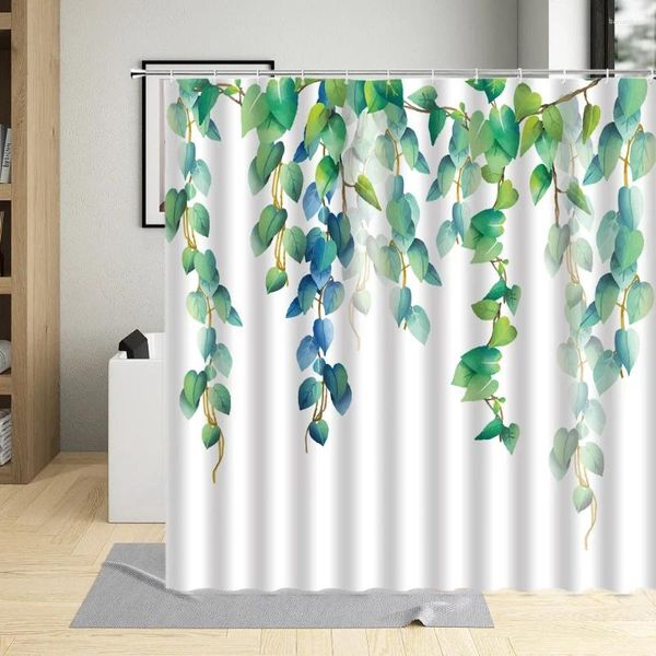 Tende da doccia Viti Acquerello Foglie Foglia verde Sfondo bianco Stampa Set di tende da bagno moderno nordico minimalista per la casa