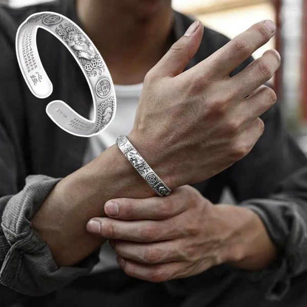 Armreif, einzigartiges graviertes Armband, Retro-Männer-Pixiu mit glücklichem Fengshui-Dekor, Reichtum, Glück, Schutz, Münze, Rilievo-Öffnung