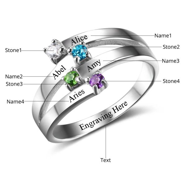 Anéis amxiu personalizado qualquer tamanho nome anel de aço inoxidável personalizado gravar quatro nomes com pedras de aniversário anéis para presente feminino