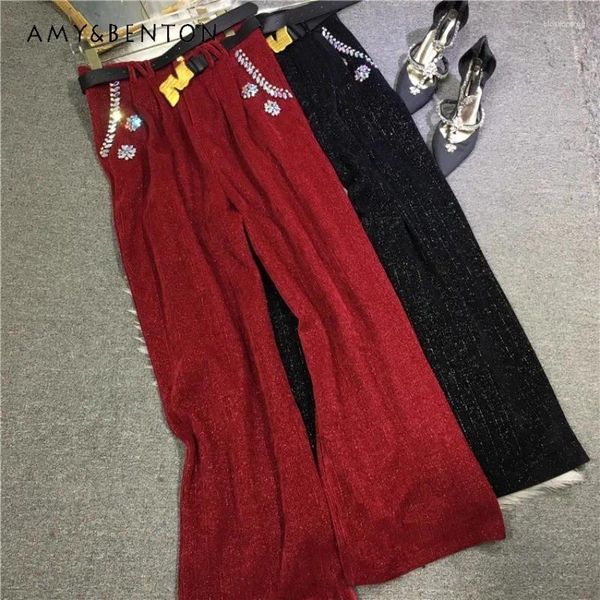 Pantaloni da donna Perline industriali pesanti Vita medio-alta Dimagranti Seta brillante Anno Rosso Pantaloni lunghi a gamba larga dritti Abbigliamento invernale Donna