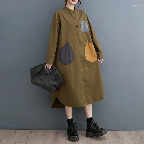 Vestidos casuais coreano estilo japonês gola retalhos bolsos chique menina solta outono trench vestido rua moda mulheres primavera