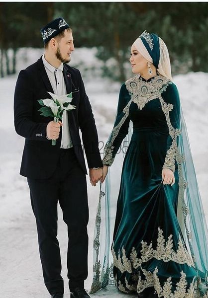 Muçulmano Teal Vestidos de Casamento Com Envoltório Manga Longa Jóia Trem Da Varredura Apliques de Veludo Capela Jardim Vestidos de Noiva vestidos de novia 7080661