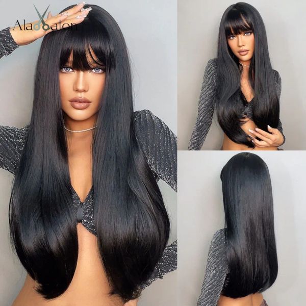 Perucas Alan Eaton Long Black Synthetic Wigs com Bangs Perucas retas sedosas para mulheres Afro -americanas Fibras diárias resistentes ao calor