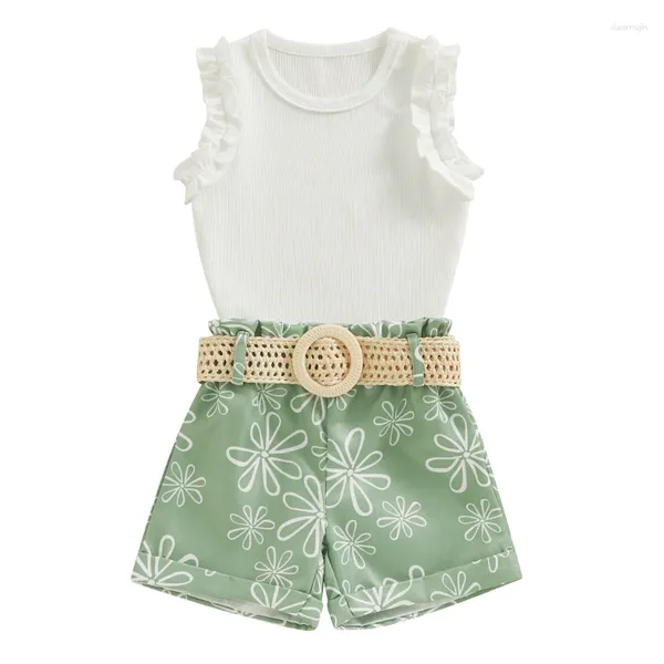 Kleidungssets Baby Mädchen Sommer 2 Stück Outfit Rüschen Tank Tops und Blumendruck Shorts mit Gürtel Mode süße Kleidung