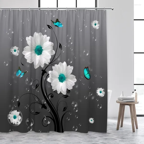 Duschvorhänge, weiße Gänseblümchen, Schmetterlinge, kreative Blumenblasen, schwarz, grau, Ombre-Hintergrund, Stoff, Badezimmer-Dekor mit Haken