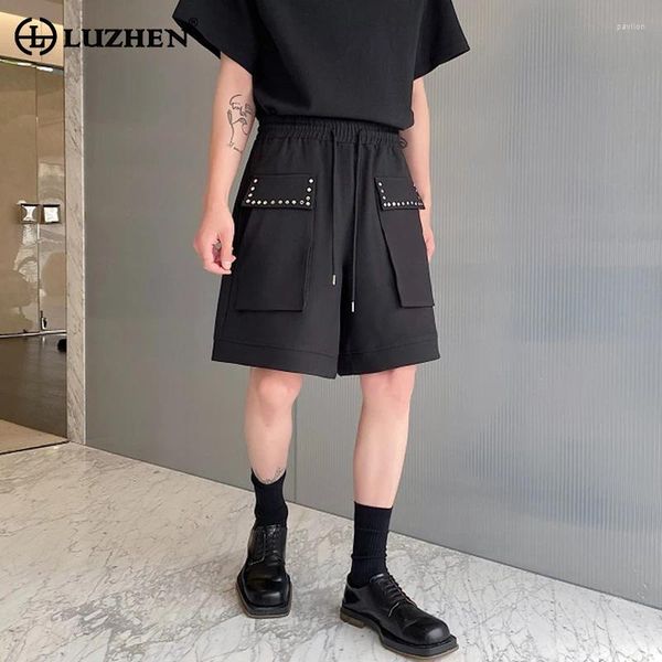 Shorts masculinos Luzhen cordão decorar bolsos design de emenda 2024 homens originais soltos rua reta calças de cinco pontas lz2206