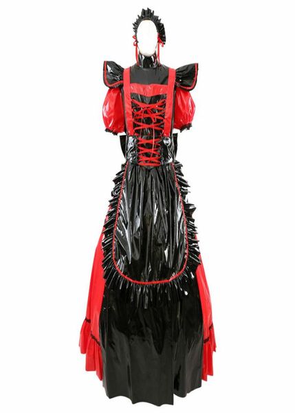 Sissy Maid Abito rosso in PVC in due modi Indossa il costume gotico a maniche lunghe o corte cosplay7381787