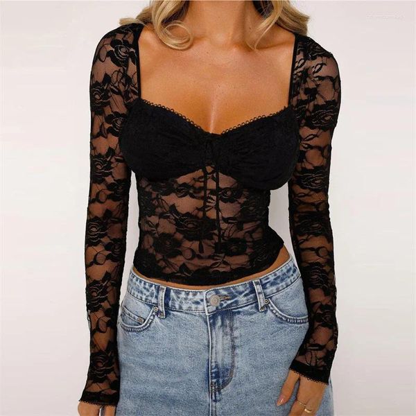 Mulheres camisetas Y2K Rose Lace Top Low Cut Camisa Malha Sheer Crop Tops Mulheres Sexy Elegante Ver através de Manga Longa Tees Party Clubwear